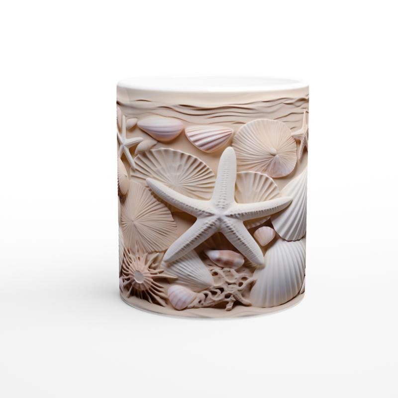 Kum Beji ve Pudra Tonlarında Deniz Kabuğu Desenli Su Altı Temalı Kupa Bardak