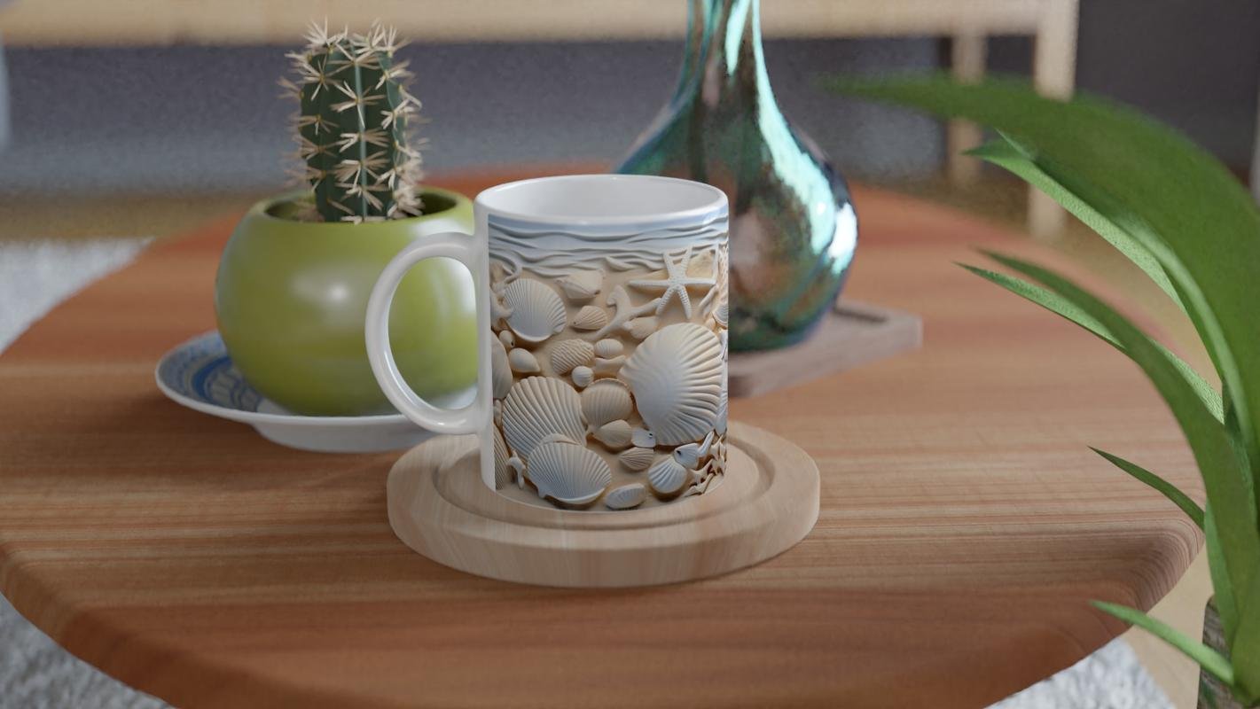 Kumsalda Deniz Yıldızları ve Kabuklar Su Altı Temalı Kupa Bardak - 4