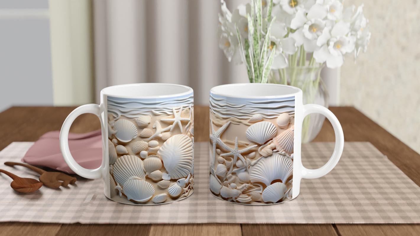 Kumsalda Deniz Yıldızları ve Kabuklar Su Altı Temalı Kupa Bardak - 5