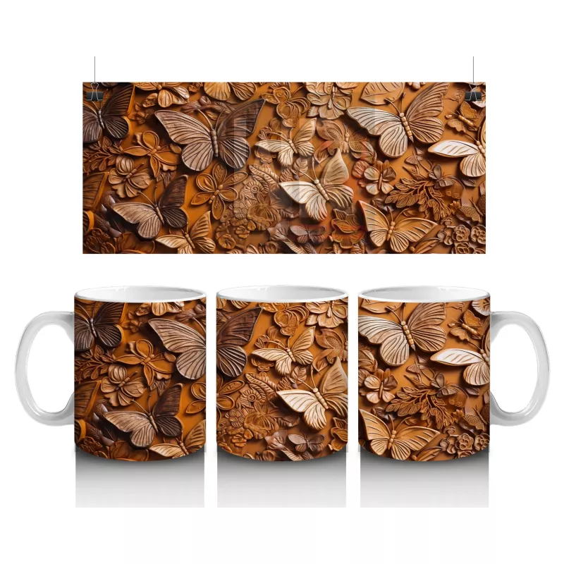 Kurutulmuş Yapraklar Arasında Gerçekçi Kelebek – Baskılı Kahve Kupası
