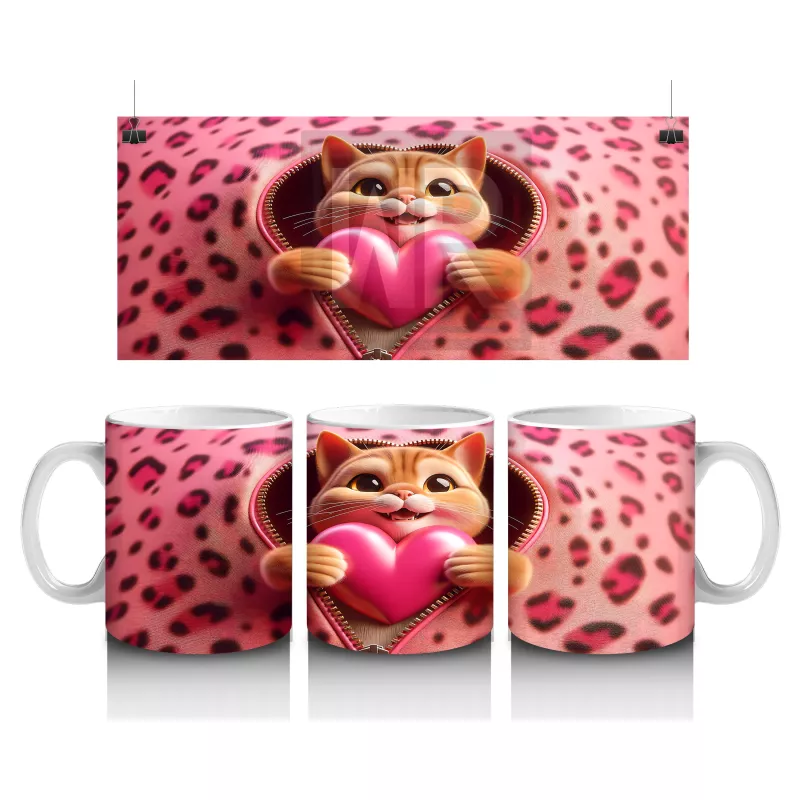 Leopar Desenli Fon Üzerinde Kalpli Kedicik – Baskılı Kahve Kupası
