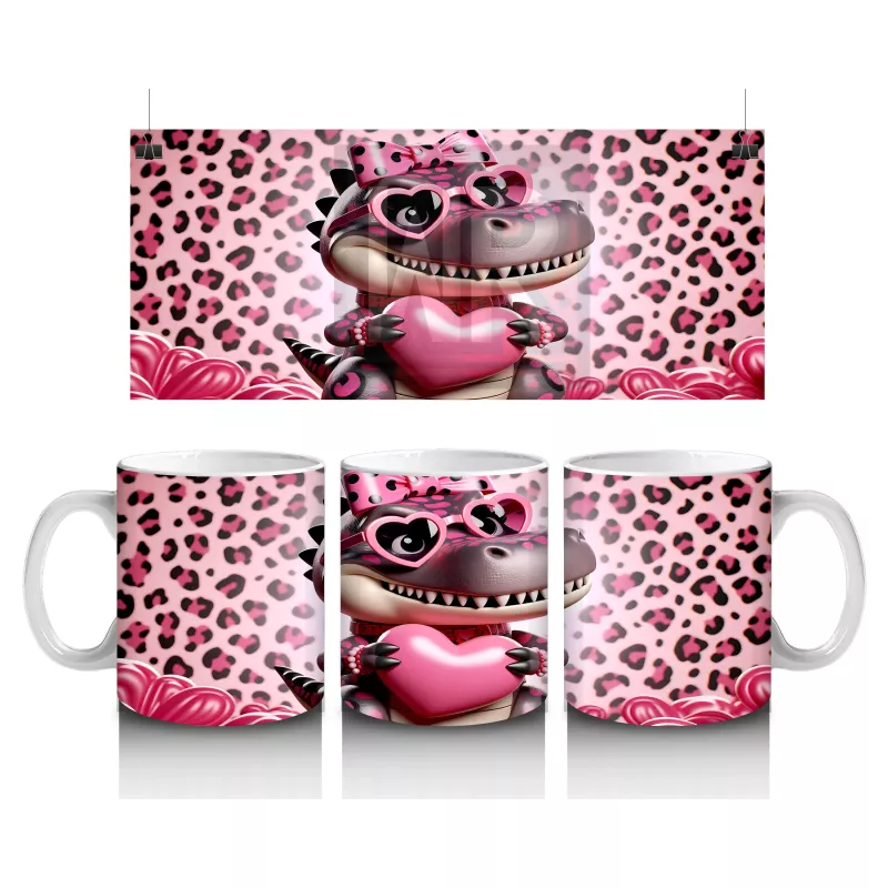 Leopar Desenli Kalpli Gözlük Takmış Dinozor Figürü - Baskılı kahve kupası
