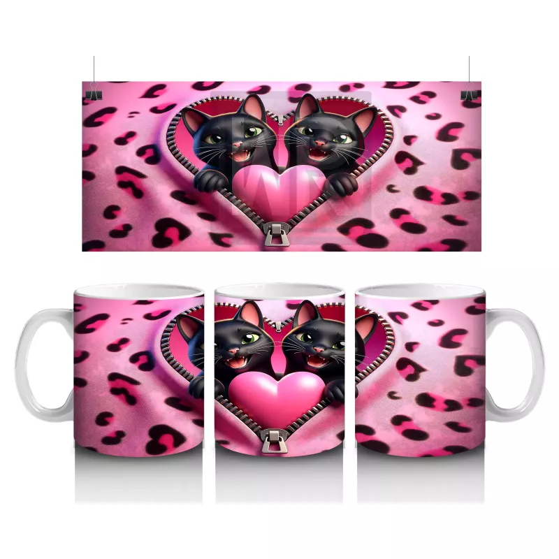 Leopar Desenli Kalpli Zeminde Sarılmış Siyah Kediler - Baskılı kahve kupası
