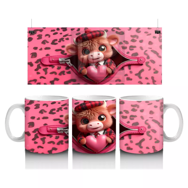 Leopar Desenli Kalpli Zeminde Sevimli İnek Karakteri - Baskılı kahve kupası