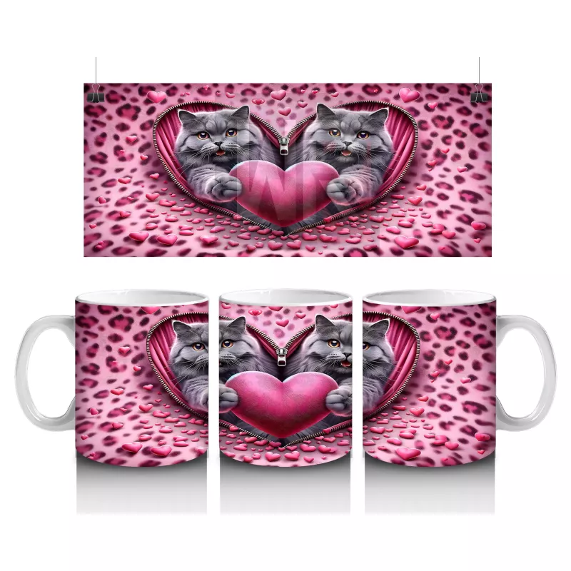 Leopar Desenli Zeminde Kalpli Figür Tutan Gri Kediler - Baskılı kahve kupası