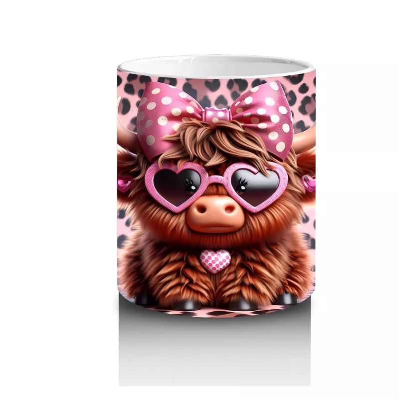 Leopar Desenli Zeminde Kalpli Gözlüklü Sevimli İnek - Baskılı kahve kupası - 3