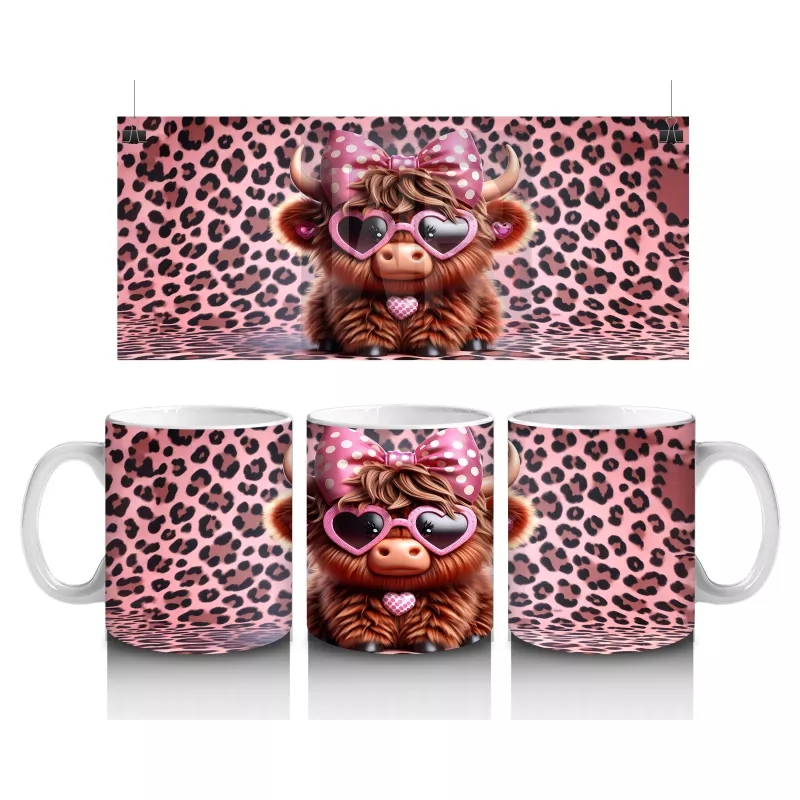 Leopar Desenli Zeminde Kalpli Gözlüklü Sevimli İnek - Baskılı kahve kupası