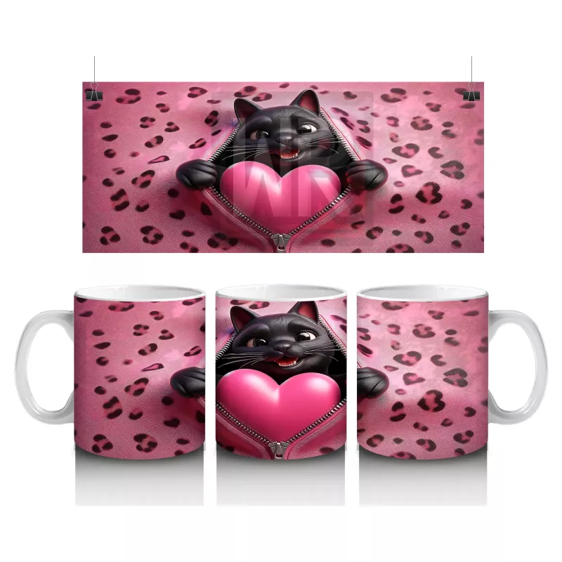 Leopar Desenli Zeminde Kalpli Yastığa Sarılan Siyah Kedi - Baskılı kahve kupası