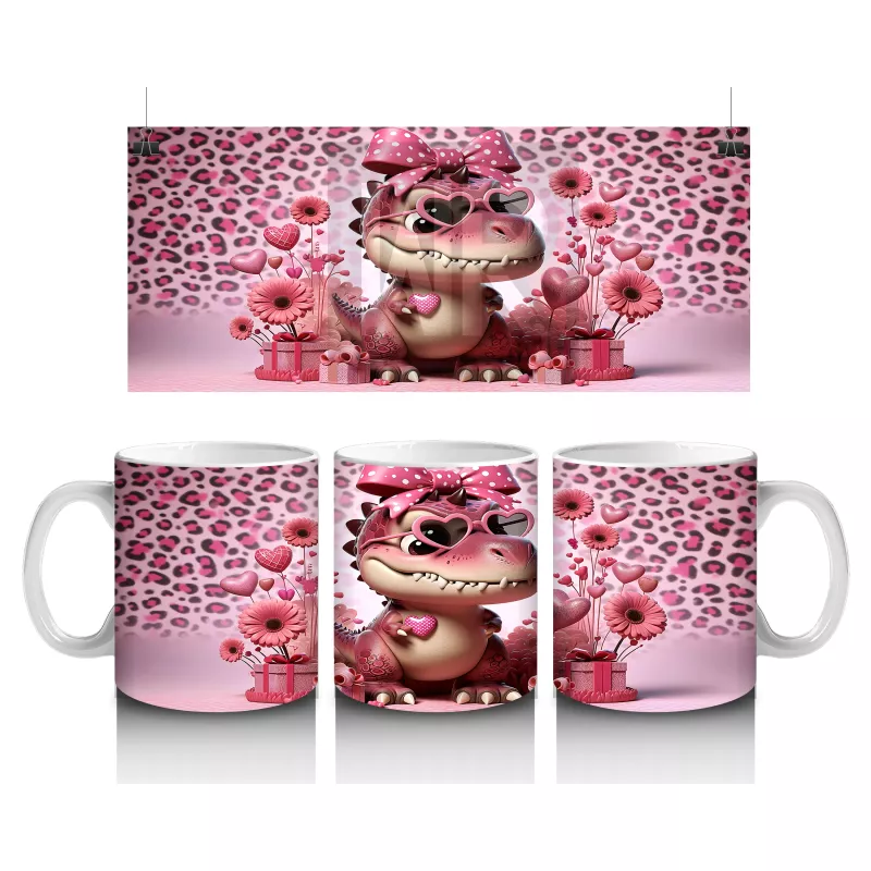 Leopar Desenli Zeminde Kurdeleli Dinozor ve Hediyeler - Baskılı kahve kupası