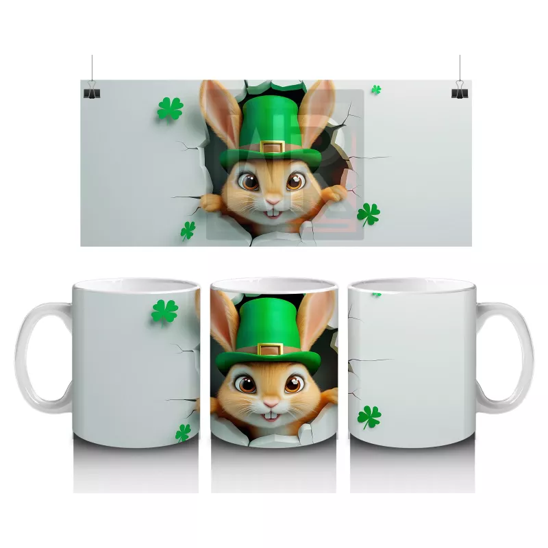 Leprechaun Şapkalı Sevimli Tavşan Figürü - Baskılı kahve kupası