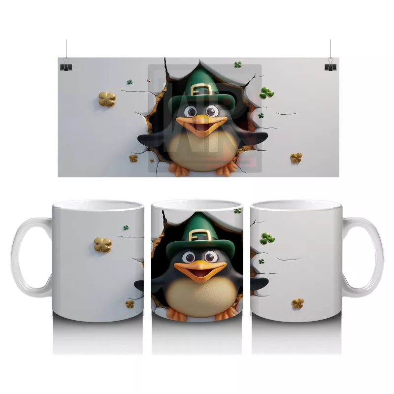 Leprechaun Şapkası Takan Neşeli Penguen Karakteri - Baskılı kahve kupası