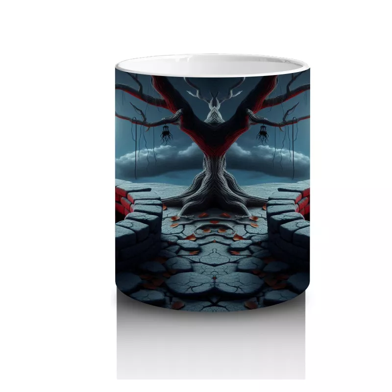 Loş Işıklı Gotik Koridorda Korku Temalı Cadılar Bayramı Baskılı Kupa Bardak - 3