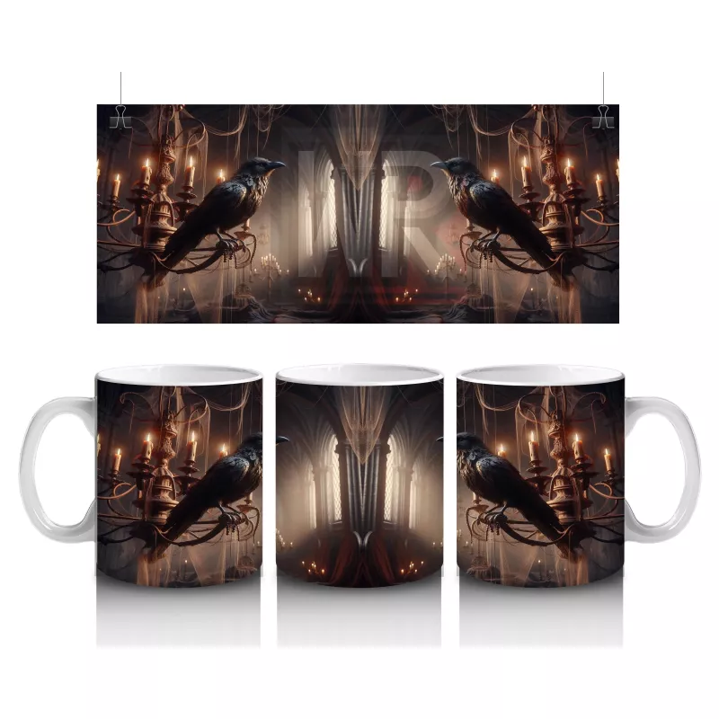 Loş Işıklı Gotik Koridorda Mumlar ve Kitaplarla Cadılar Bayramı Baskılı Kupa