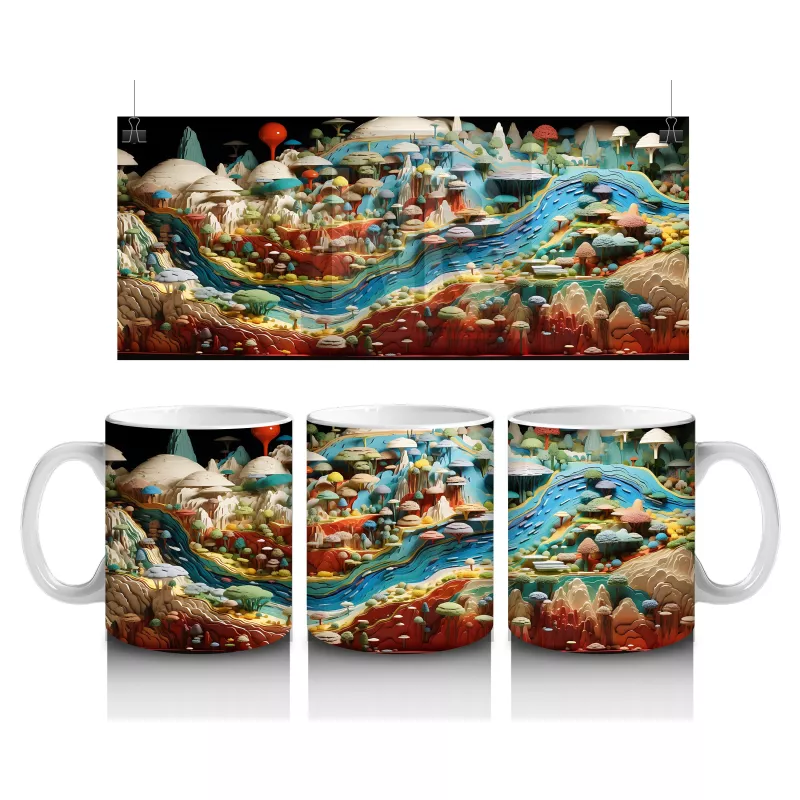 Mantar Evler ve Nehir Manzaralı Masalsı Dünya – Baskılı Kahve Kupası