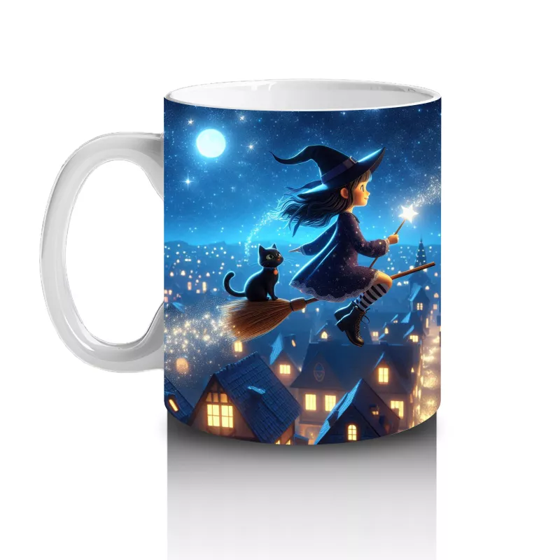 Mavi Arka Plan Üzerinde Uçan Cadı Silüetleriyle Renkli Cadılar Bayramı Baskılı Kupa - 2