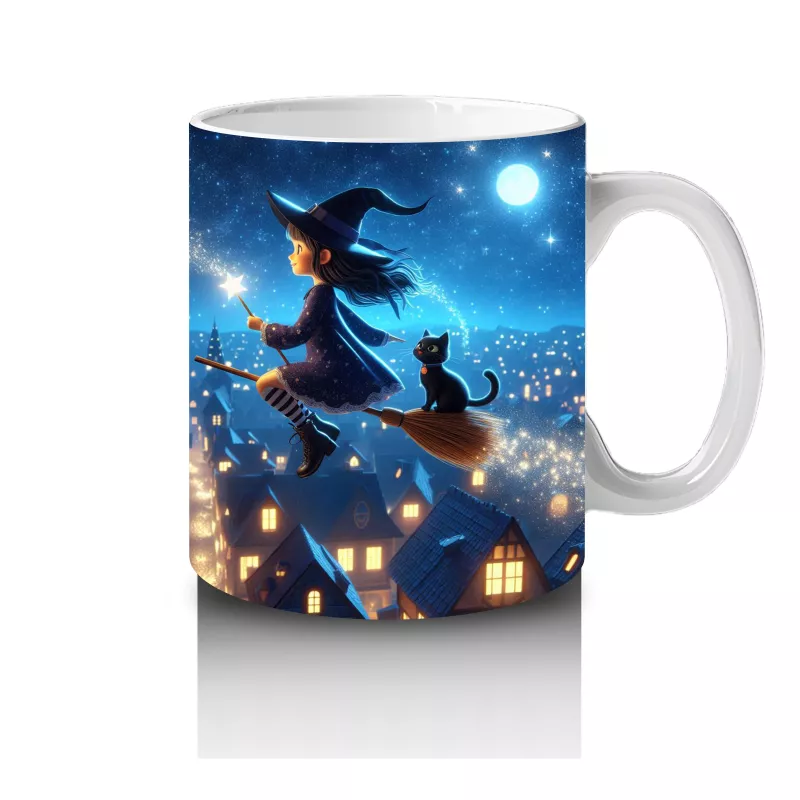 Mavi Arka Plan Üzerinde Uçan Cadı Silüetleriyle Renkli Cadılar Bayramı Baskılı Kupa - 4