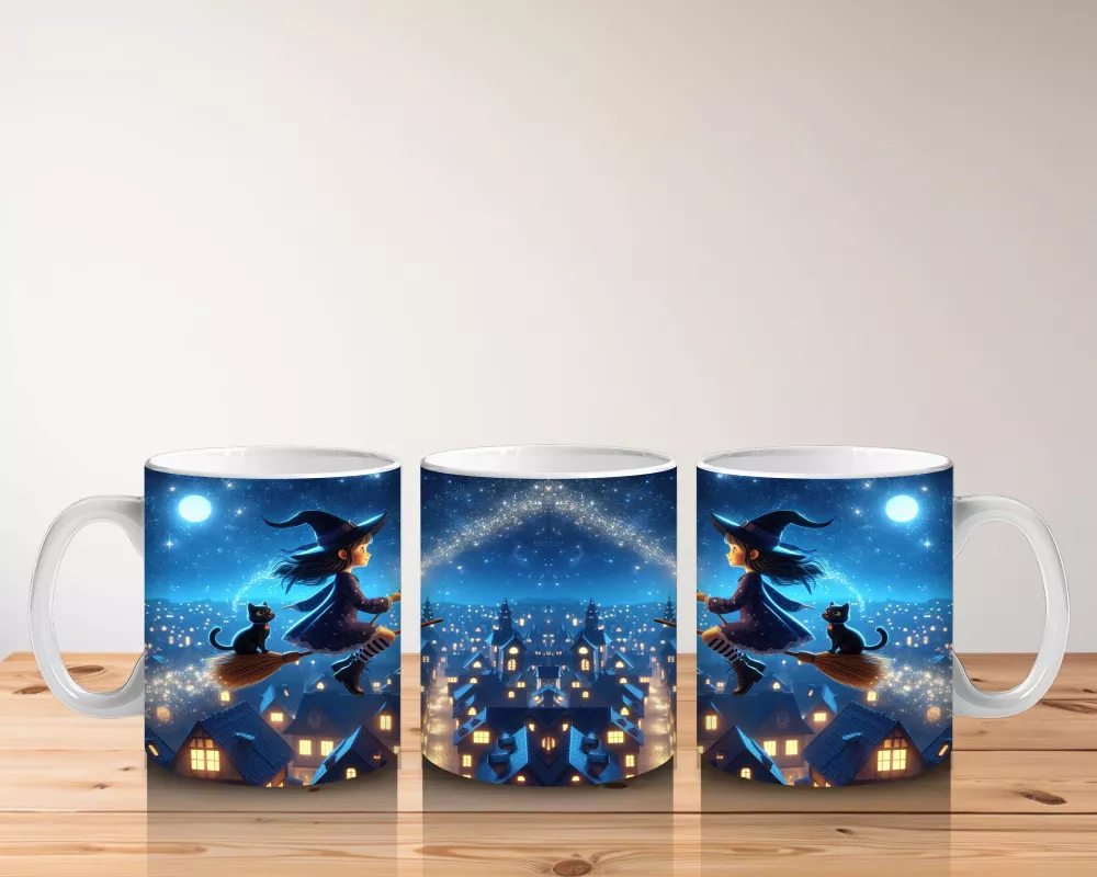 Mavi Arka Plan Üzerinde Uçan Cadı Silüetleriyle Renkli Cadılar Bayramı Baskılı Kupa - 5