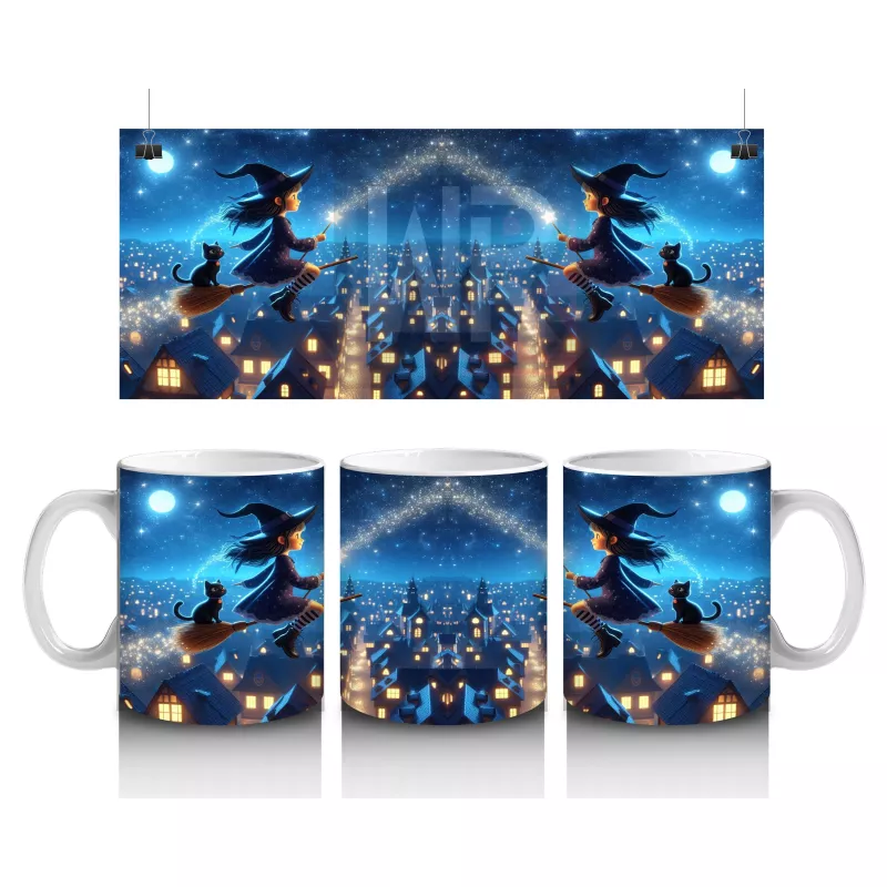 Mavi Arka Plan Üzerinde Uçan Cadı Silüetleriyle Renkli Cadılar Bayramı Baskılı Kupa