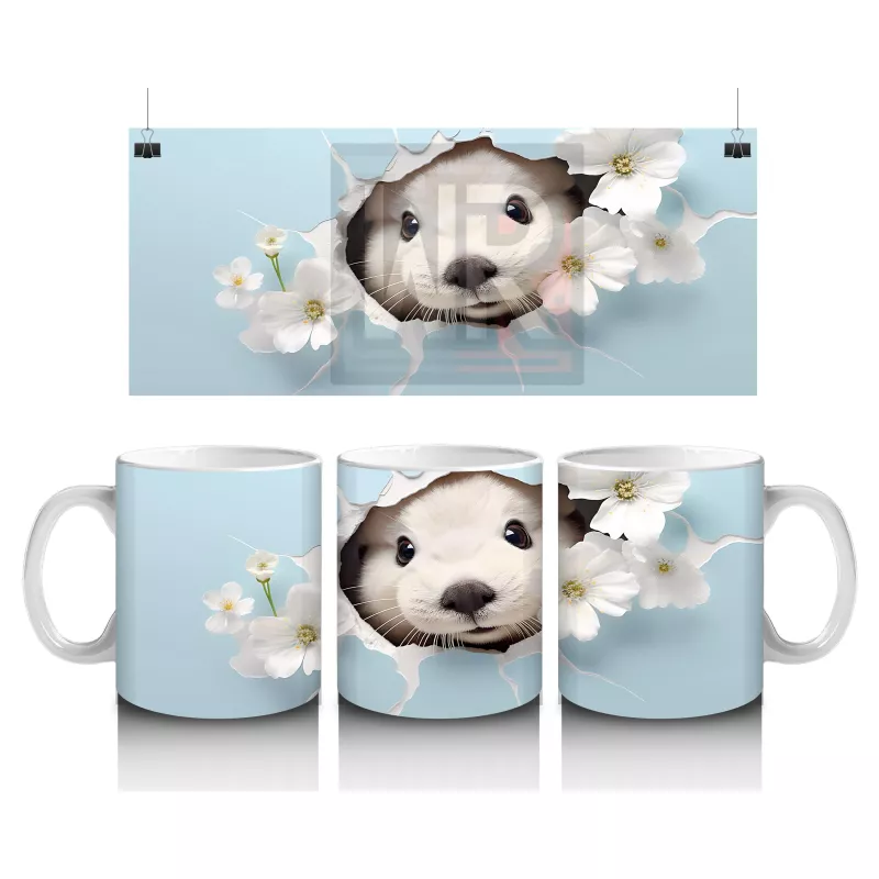 Mavi Arka Planda Çiçekler İçinde Sevimli Su Samuru – Baskılı Kahve Kupası