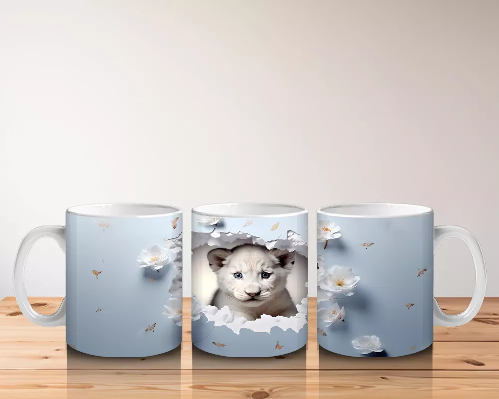 Mavi Arka Planda Şirin Yavru Kaplan – Baskılı Kahve Kupası - 5
