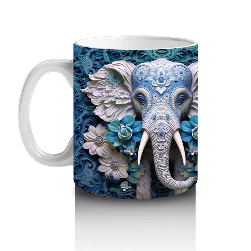 Mavi Çiçekler Arasında Fil Maskotu – Baskılı Kahve Kupası - 2