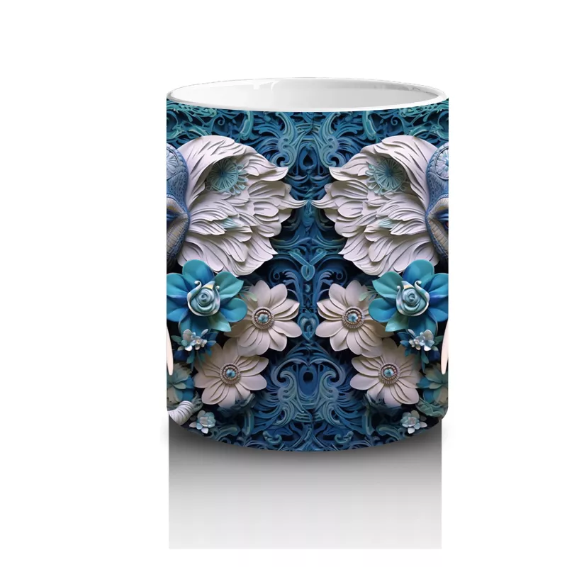 Mavi Çiçekler Arasında Fil Maskotu – Baskılı Kahve Kupası - 3