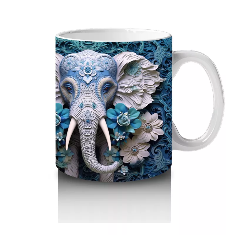 Mavi Çiçekler Arasında Fil Maskotu – Baskılı Kahve Kupası - 4