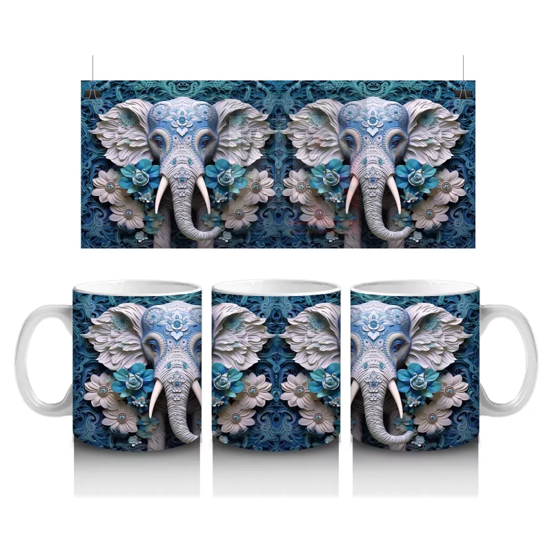 Mavi Çiçekler Arasında Fil Maskotu – Baskılı Kahve Kupası