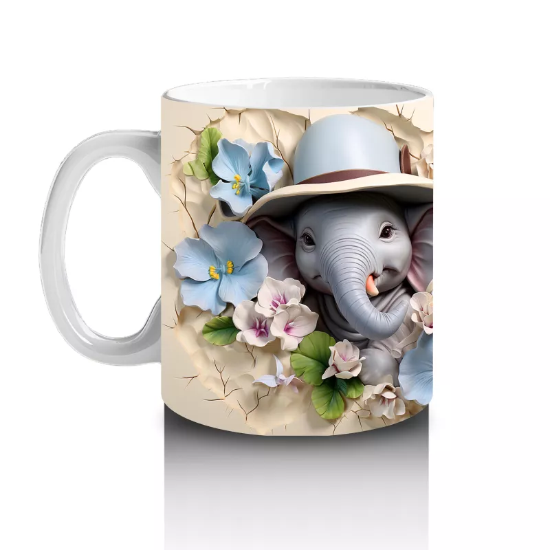 Mavi Çiçeklerle Süslenmiş Şapkalı Sevimli Filler – Baskılı Kahve Kupası - 2