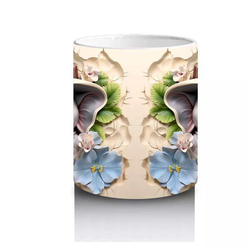 Mavi Çiçeklerle Süslenmiş Şapkalı Sevimli Filler – Baskılı Kahve Kupası - 3