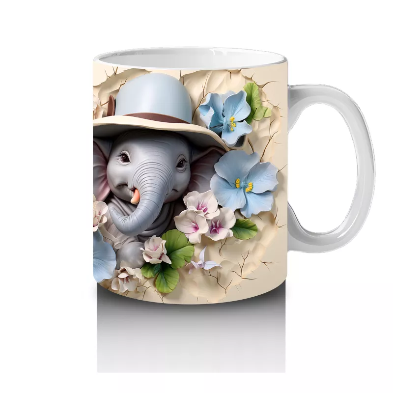 Mavi Çiçeklerle Süslenmiş Şapkalı Sevimli Filler – Baskılı Kahve Kupası - 4