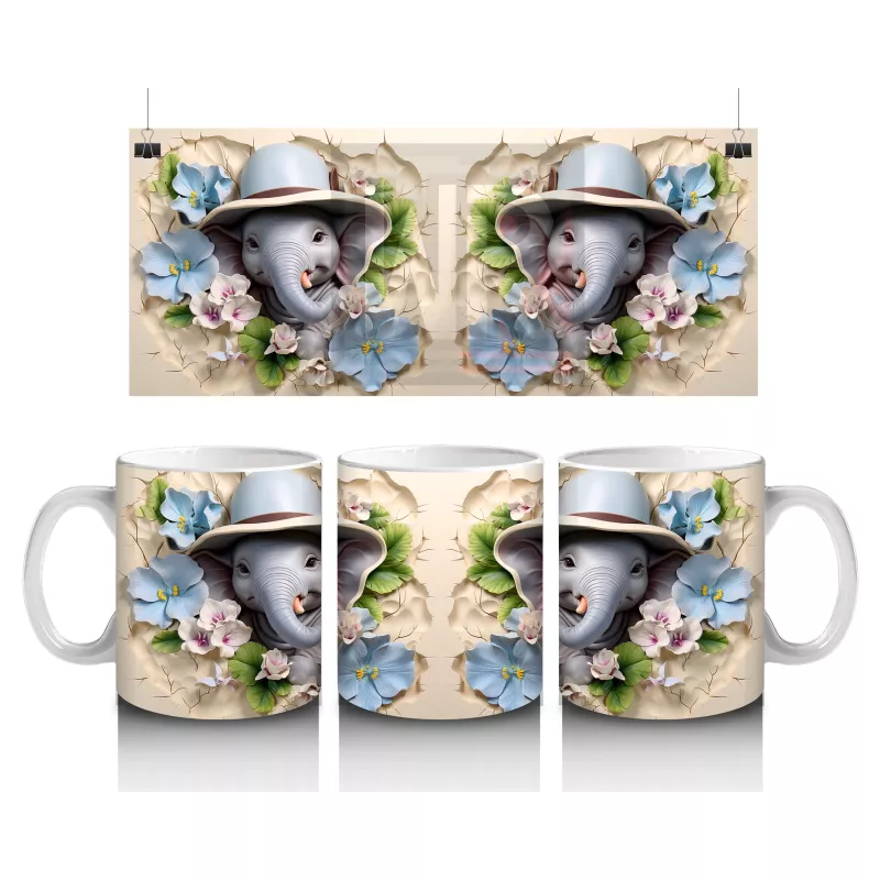 Mavi Çiçeklerle Süslenmiş Şapkalı Sevimli Filler – Baskılı Kahve Kupası