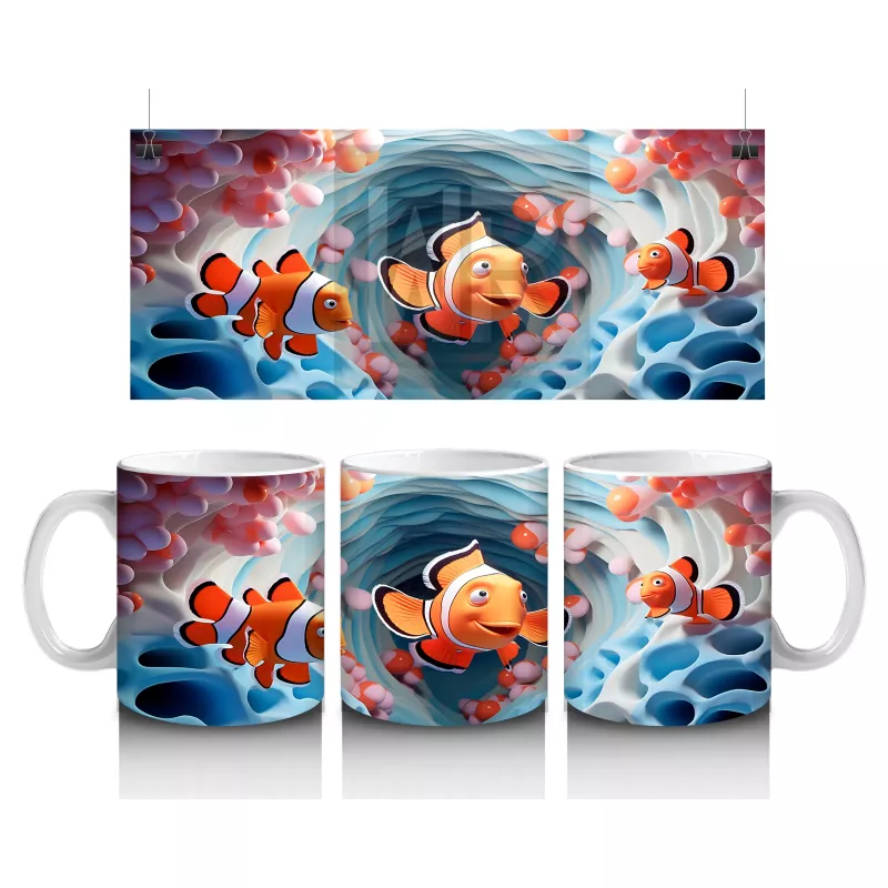 Mavi Dalgalar Arasında Palyaço Balığı Ailesi – Baskılı Kahve Kupası