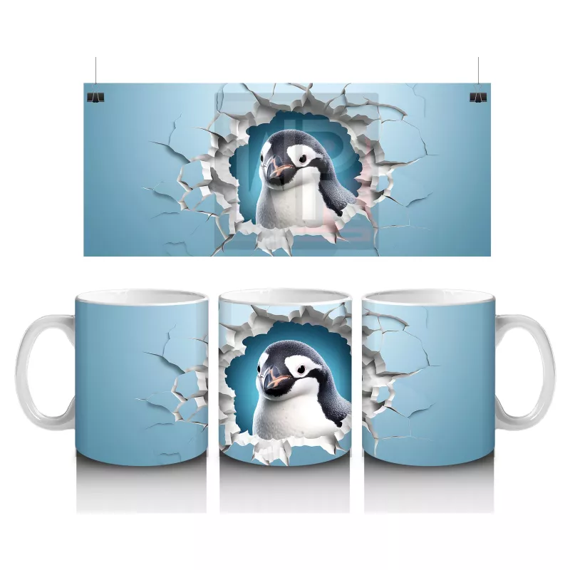 Mavi Duvar Kırığında Penguen – Baskılı Kahve Kupası