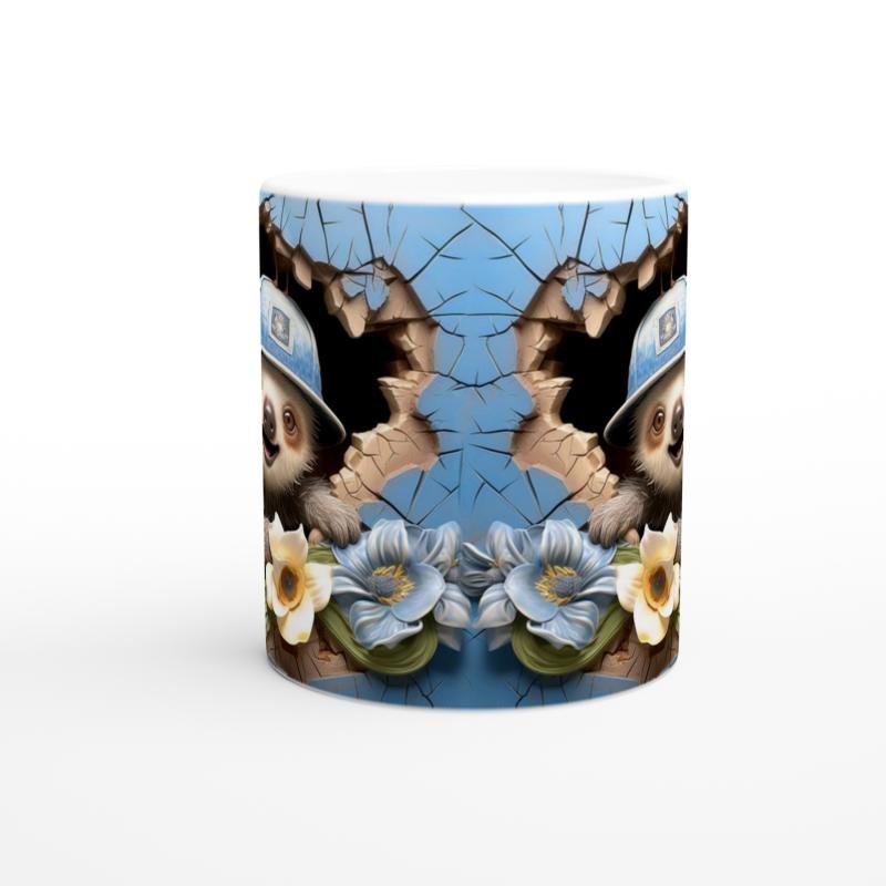 Mavi Duvardan Bakan Şapkalı Tembel Hayvan Temalı Baskılı Kupa Bardak - 3