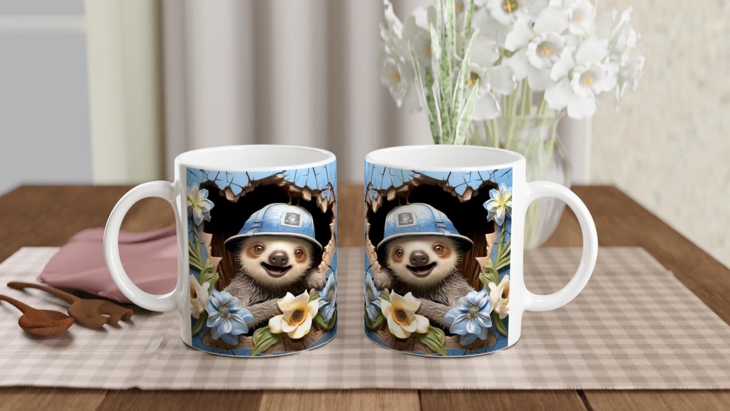 Mavi Duvardan Bakan Şapkalı Tembel Hayvan Temalı Baskılı Kupa Bardak - 5