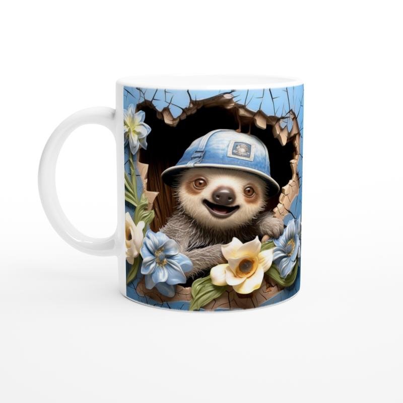 Mavi Duvardan Bakan Şapkalı Tembel Hayvan Temalı Baskılı Kupa Bardak