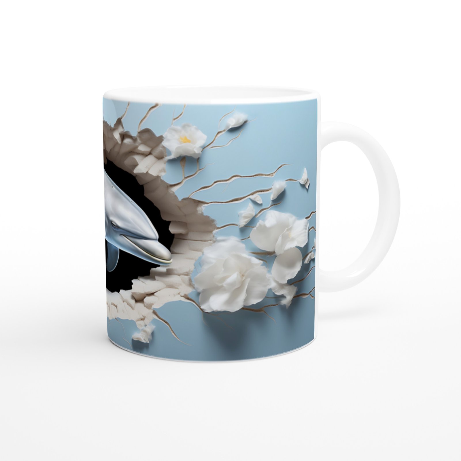 Mavi Fon Üzerinde Çiçekler ve Yunus Su Altı Temalı Kupa Bardak - 3