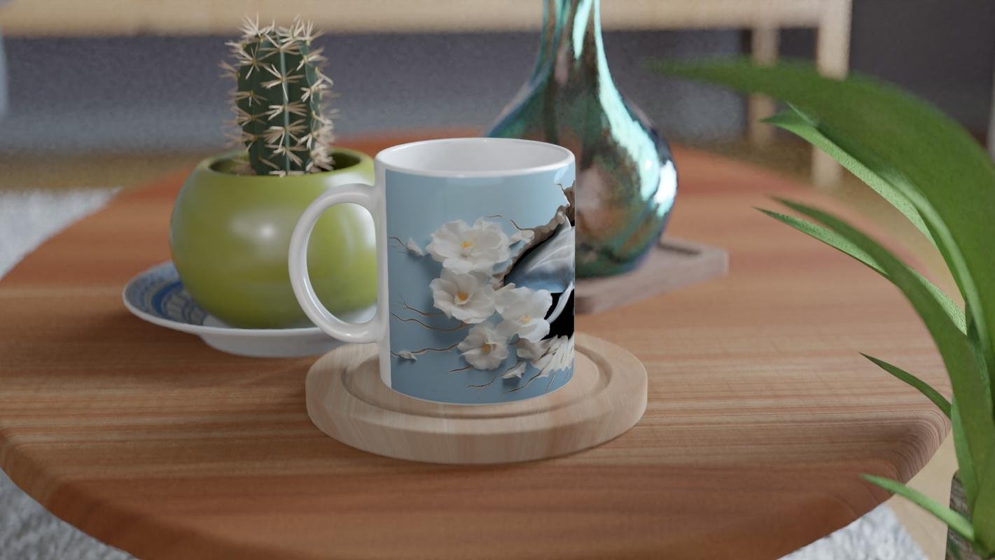 Mavi Fon Üzerinde Çiçekler ve Yunus Su Altı Temalı Kupa Bardak - 4