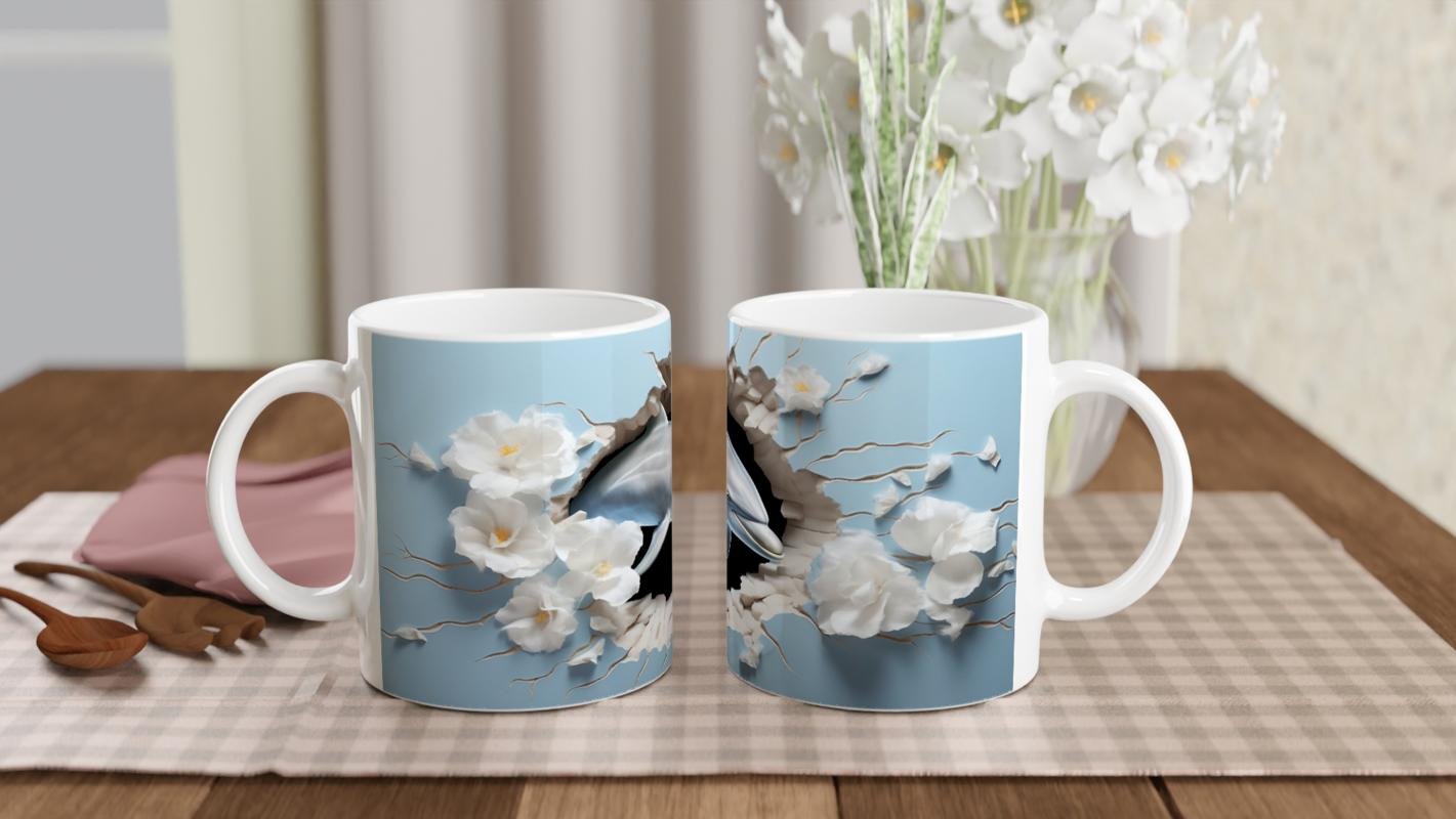 Mavi Fon Üzerinde Çiçekler ve Yunus Su Altı Temalı Kupa Bardak - 5