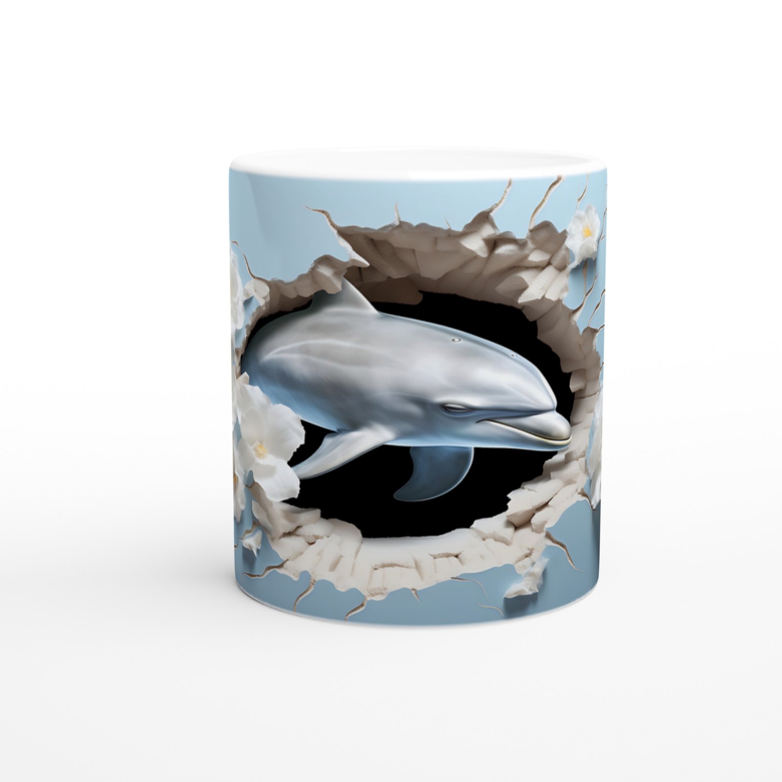 Mavi Fon Üzerinde Çiçekler ve Yunus Su Altı Temalı Kupa Bardak