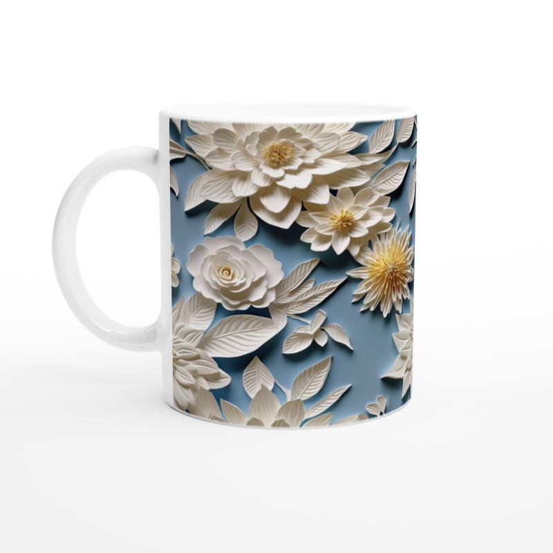 Mavi Fon Üzerine Krem Rölyef Çiçekli Kupa Bardak