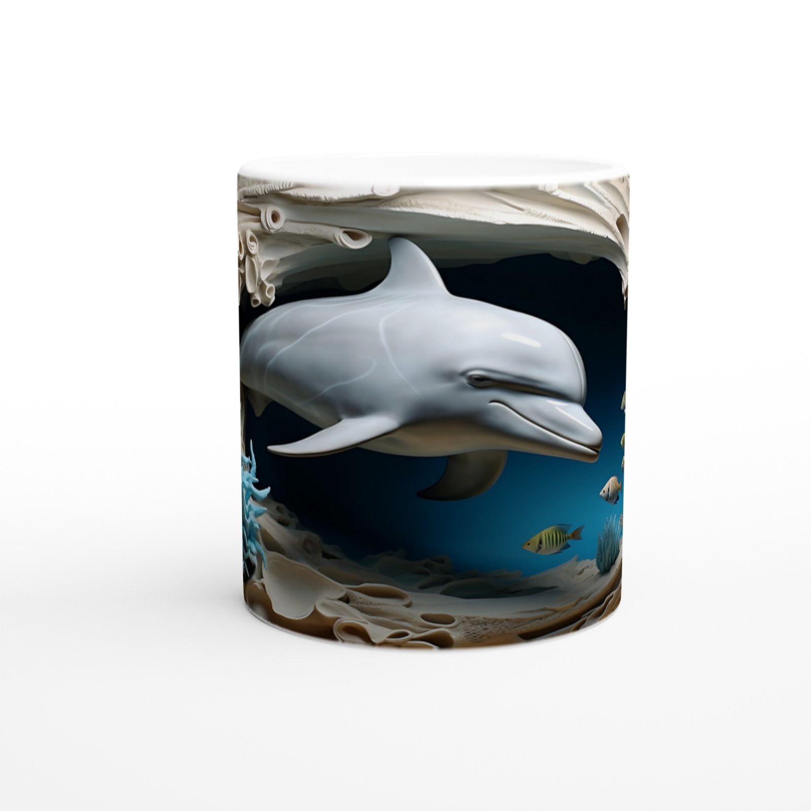 Mavi Mercanlar ve Çizgili Balıklarla Yunus Desenli Su Altı Temalı Kupa Bardak