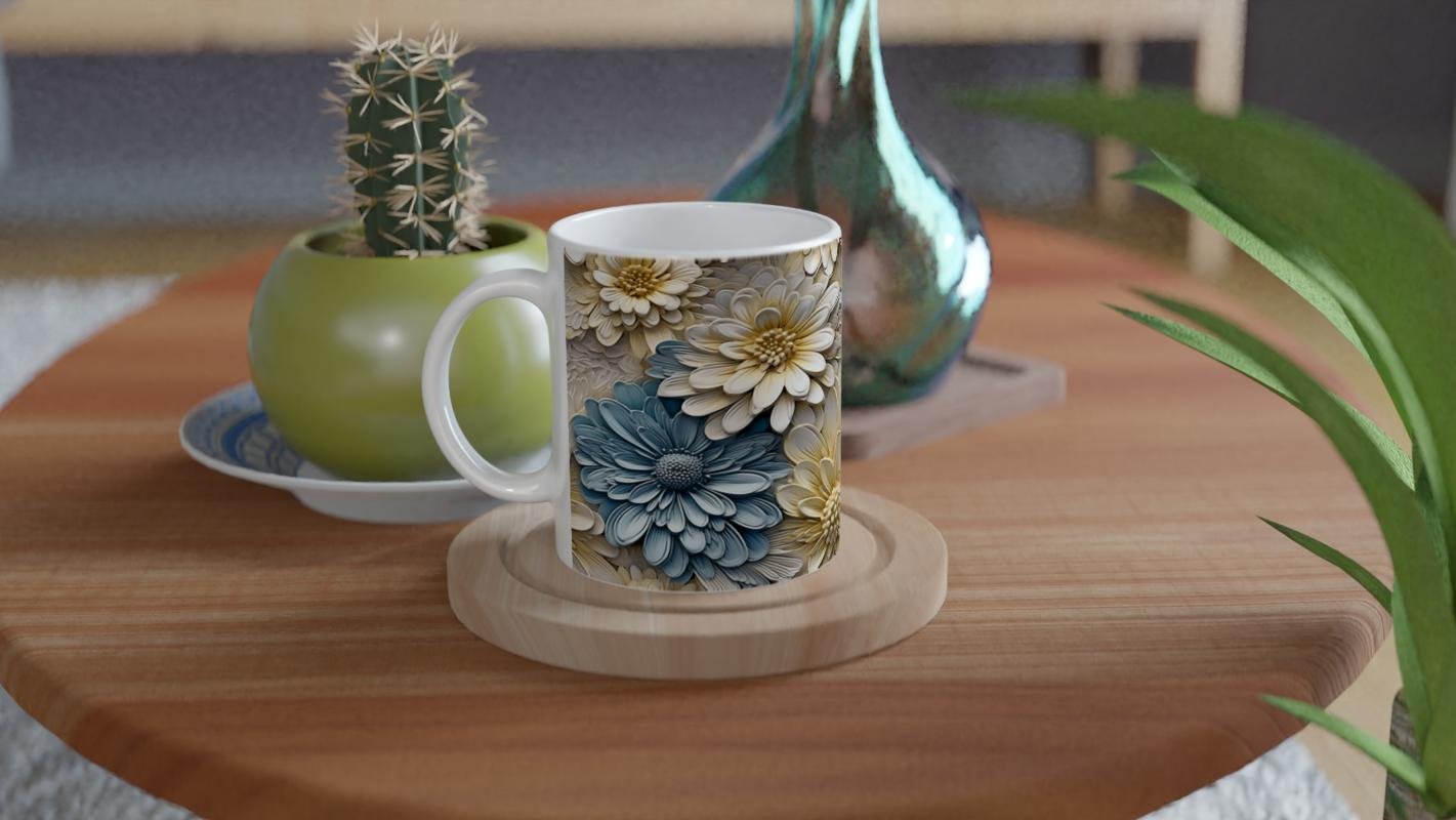 Mavi Papatyalar Çiçek Desenli Kupa Bardak - 4