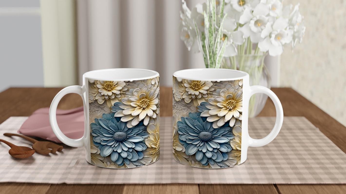 Mavi Papatyalar Çiçek Desenli Kupa Bardak - 5