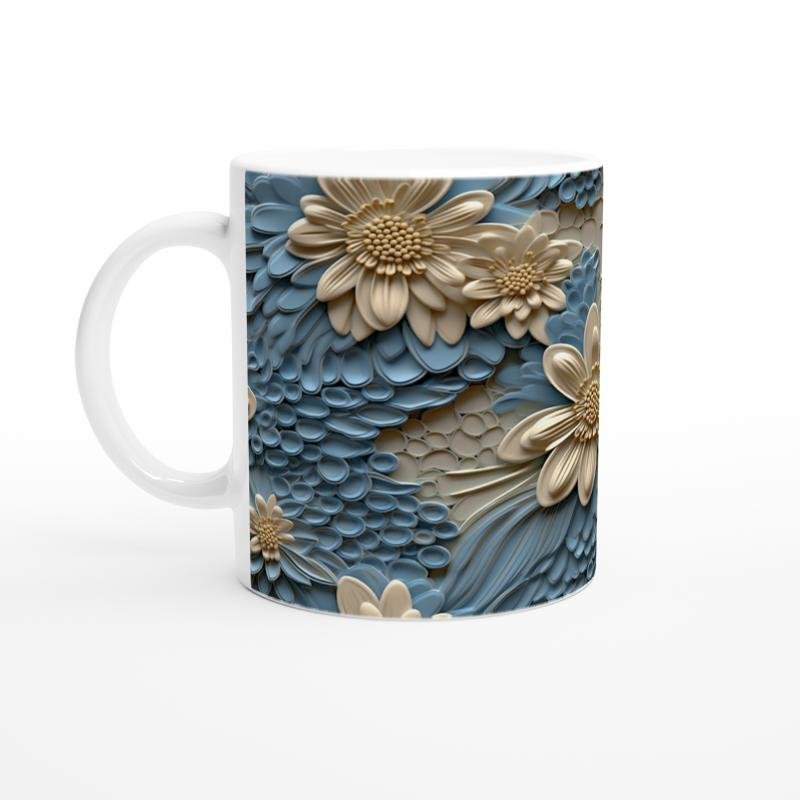 Mavi Rölyef Doku Çiçekli Kupa Bardak