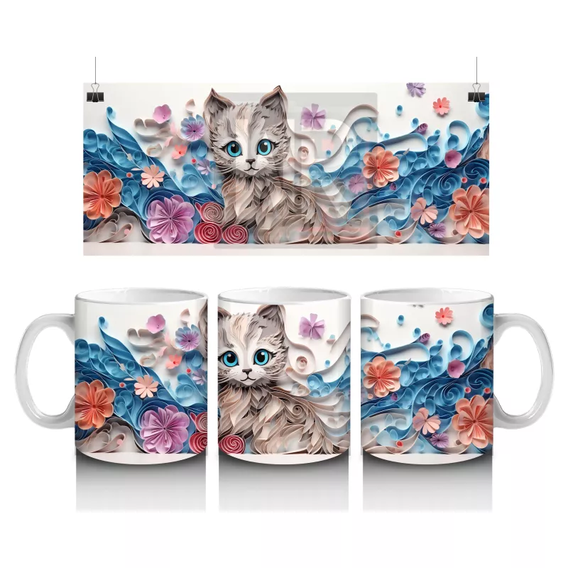 Mavi Tonlarda Çiçeklerle Süslenmiş Kedi – Baskılı Kahve Kupası