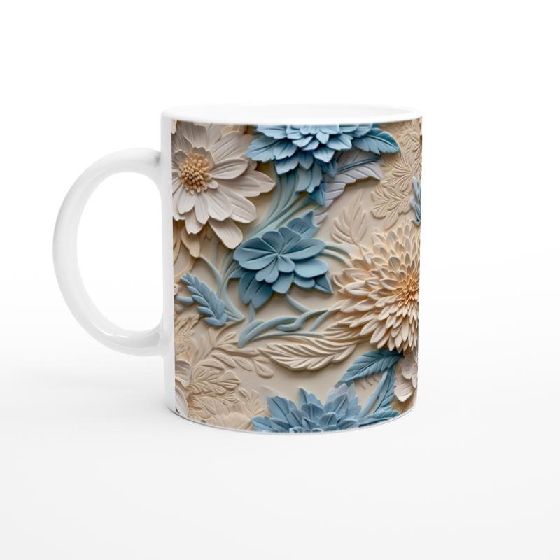 Mavi ve Krem Rölyef Çiçeklerle Süslenmiş Kupa Bardak