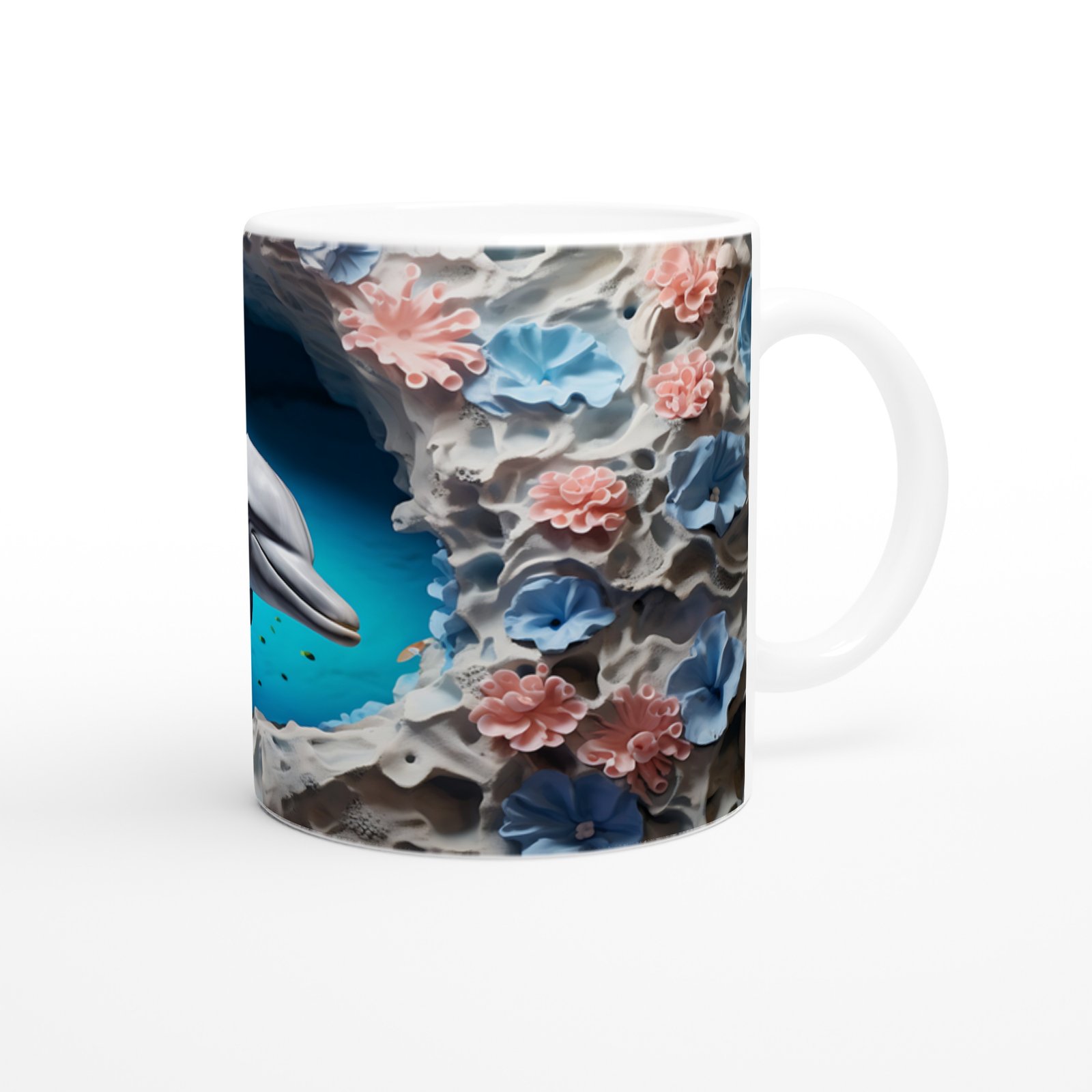 Mavi ve Pembe Mercanlarla Çevrili Yunus Temalı Su Altı Kupa Bardak - 3