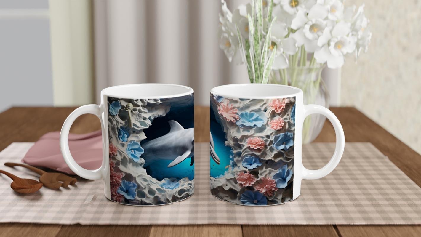 Mavi ve Pembe Mercanlarla Çevrili Yunus Temalı Su Altı Kupa Bardak - 5